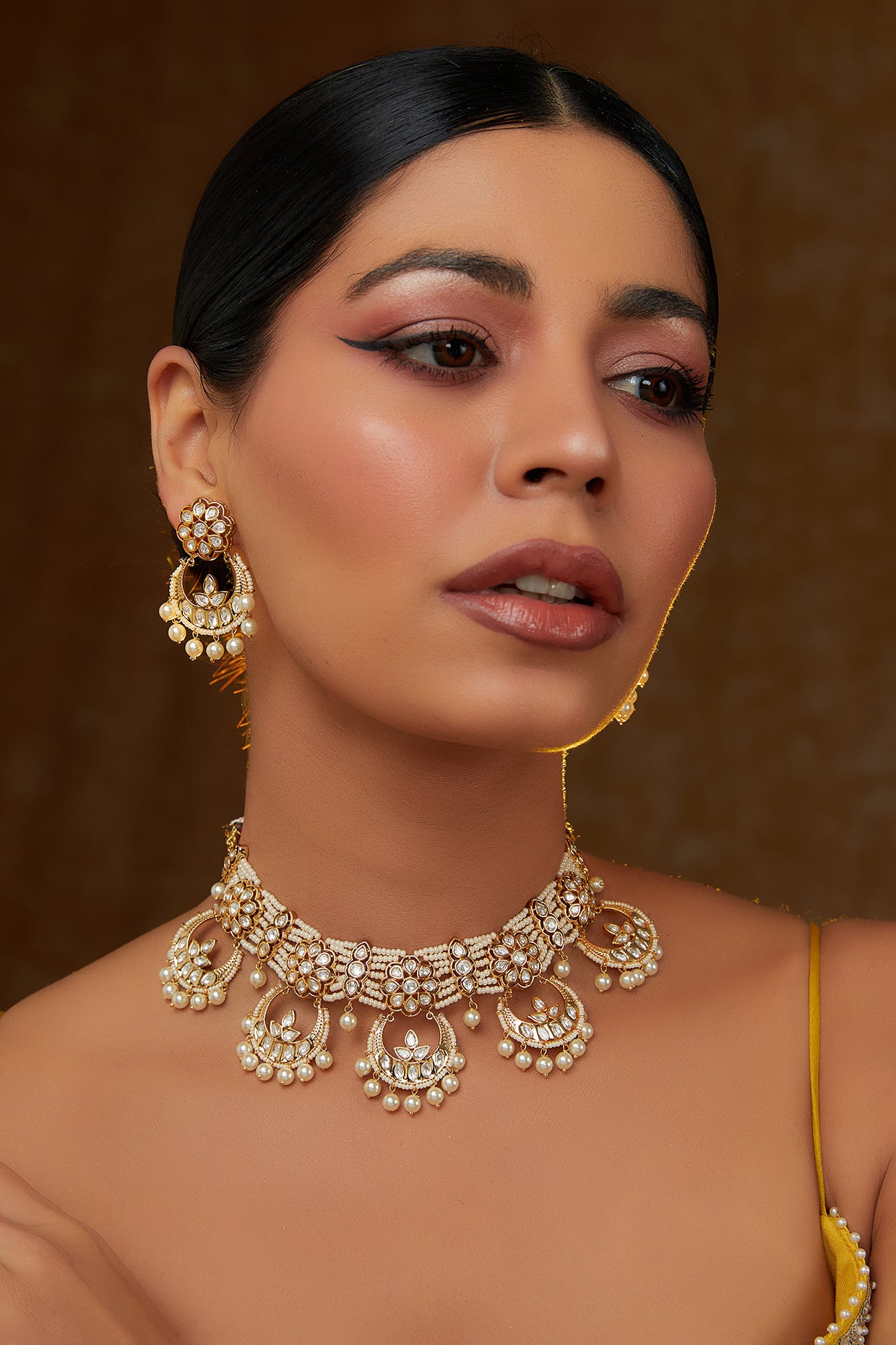 Moon-Shaped Kundan & Pearl Gold Necklace