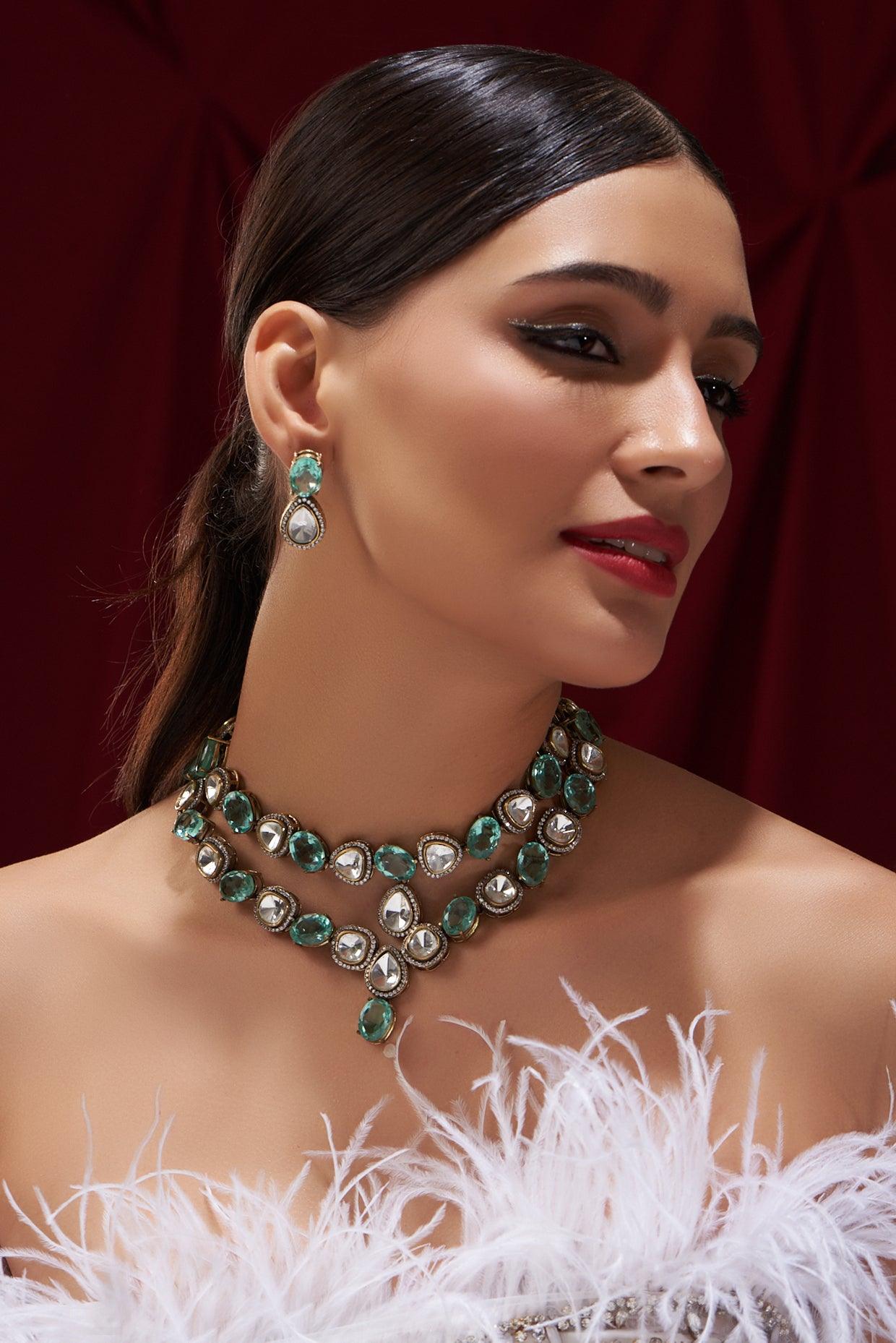 Double Layered Polki Green Stone Necklace Set - Dyulokha