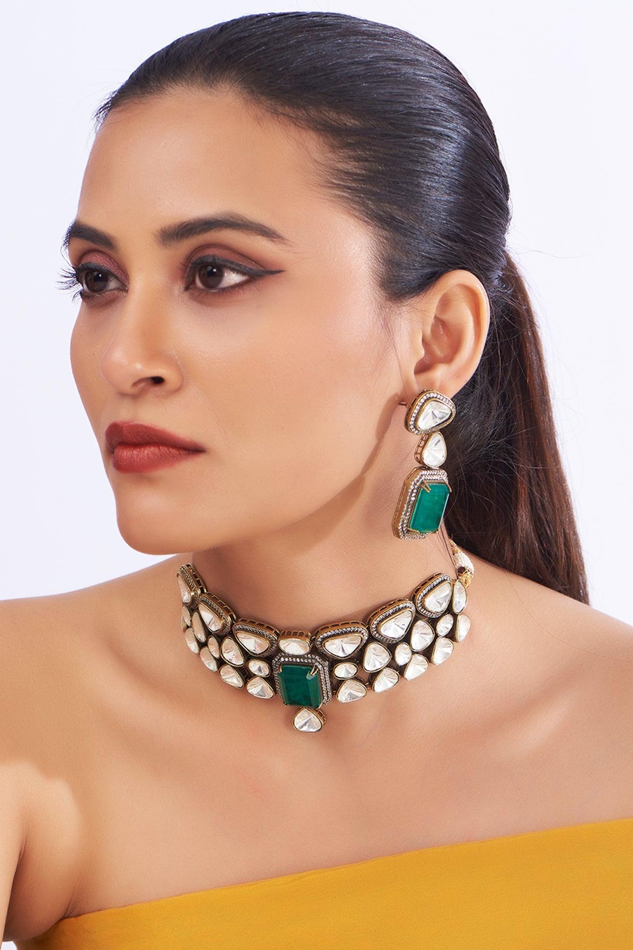 Emerald Accent Polki Choker Set - Dyulokha
