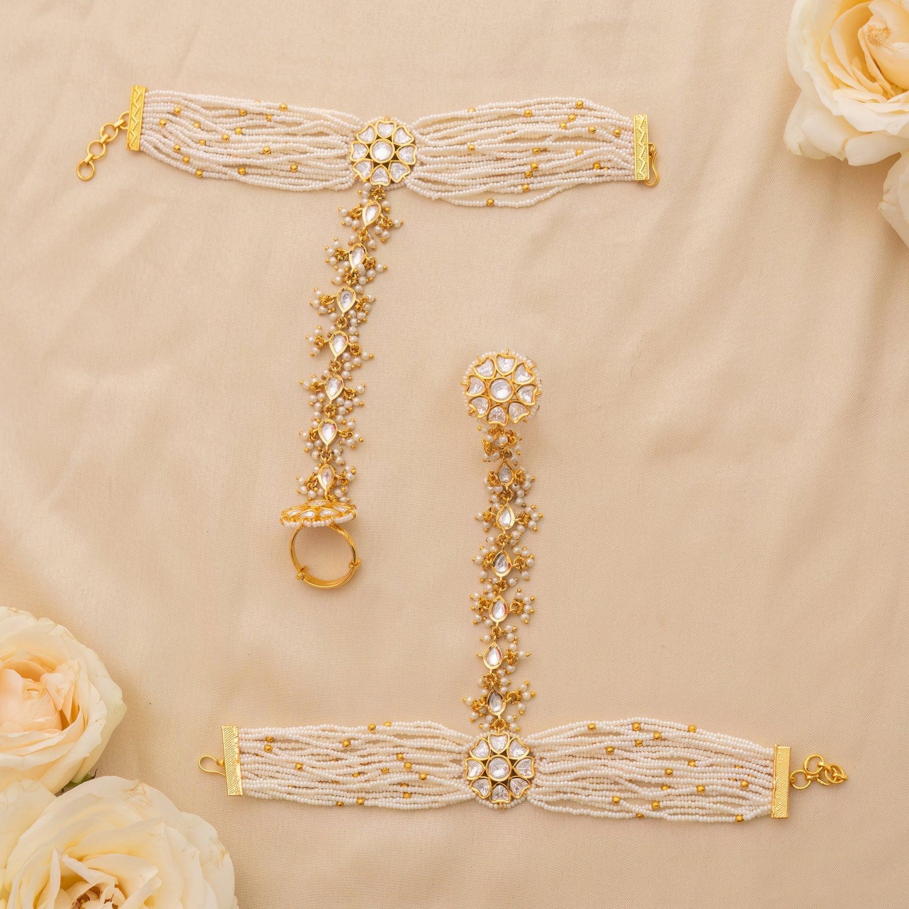 Pearl Adorned Kundan Hathphool - Dyulokha
