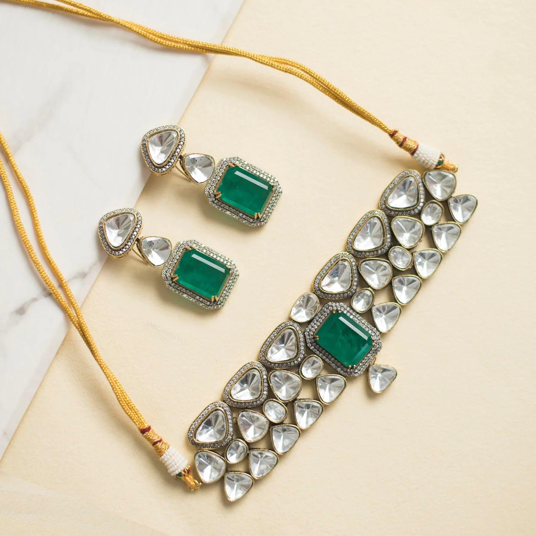 Emerald Accent Polki Choker Set - Dyulokha