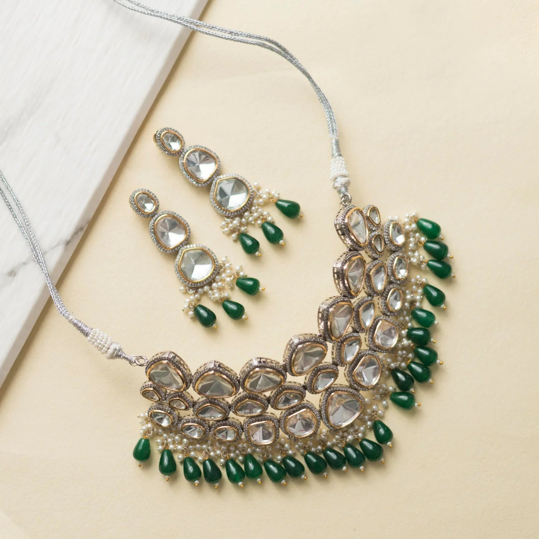 Emerald Beaded Polki Necklace Set
