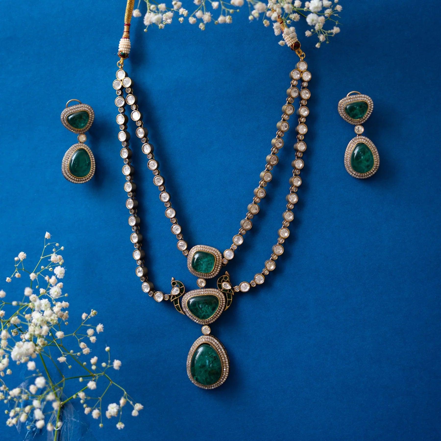 Polki Green Stone Double Layered Necklace Set - Dyulokha