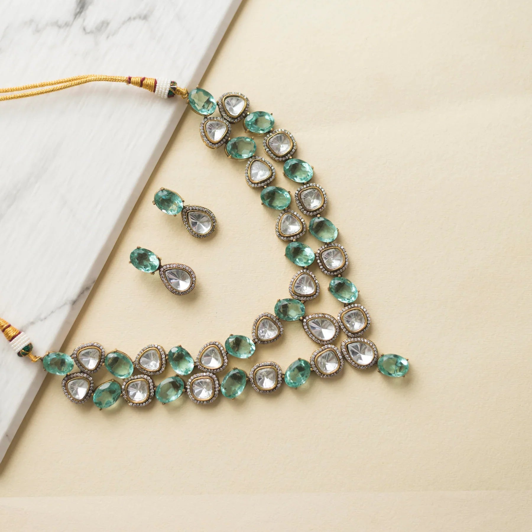Double Layered Polki Green Stone Necklace Set