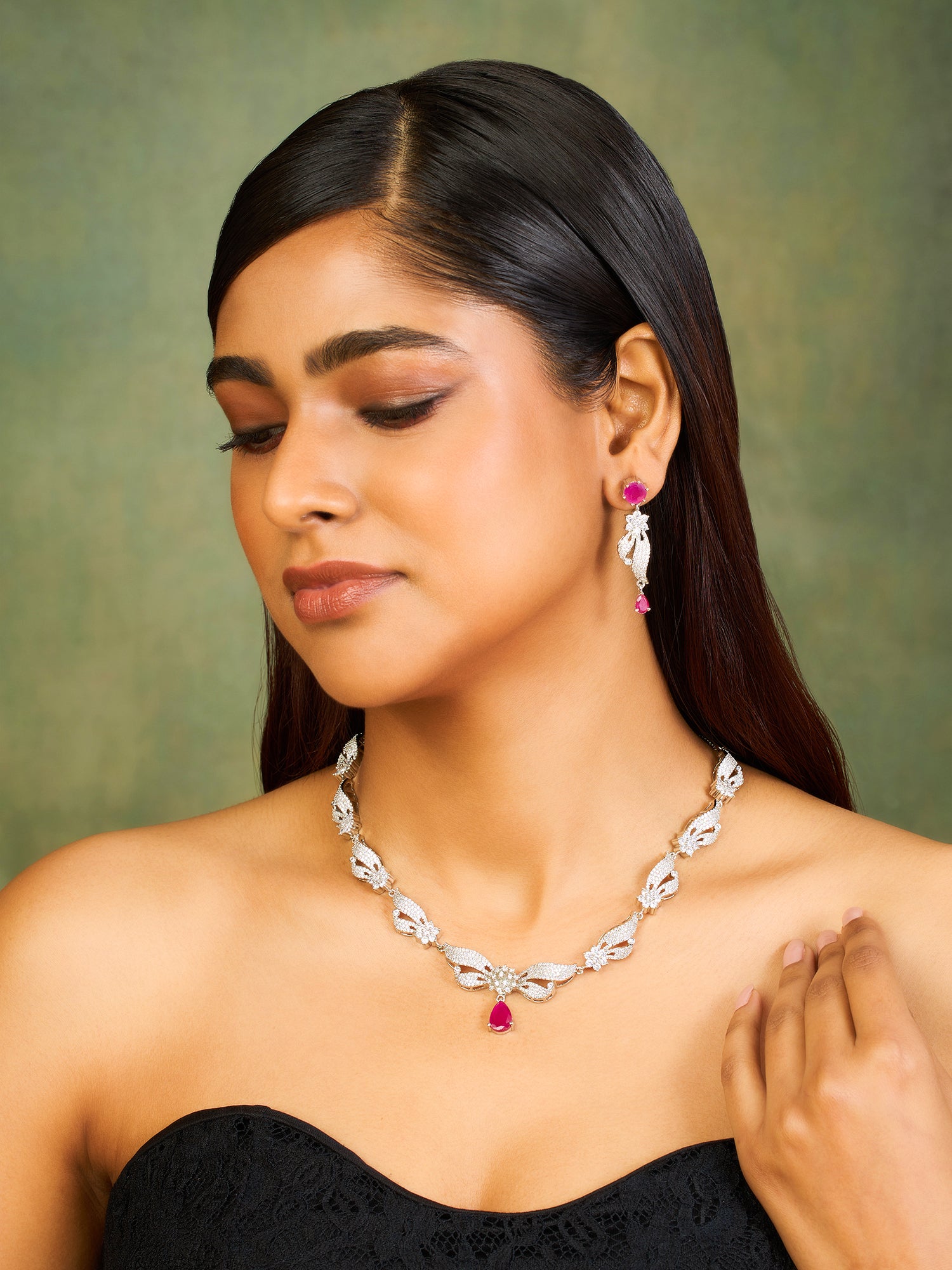 Modern Ruby CZ Necklace set