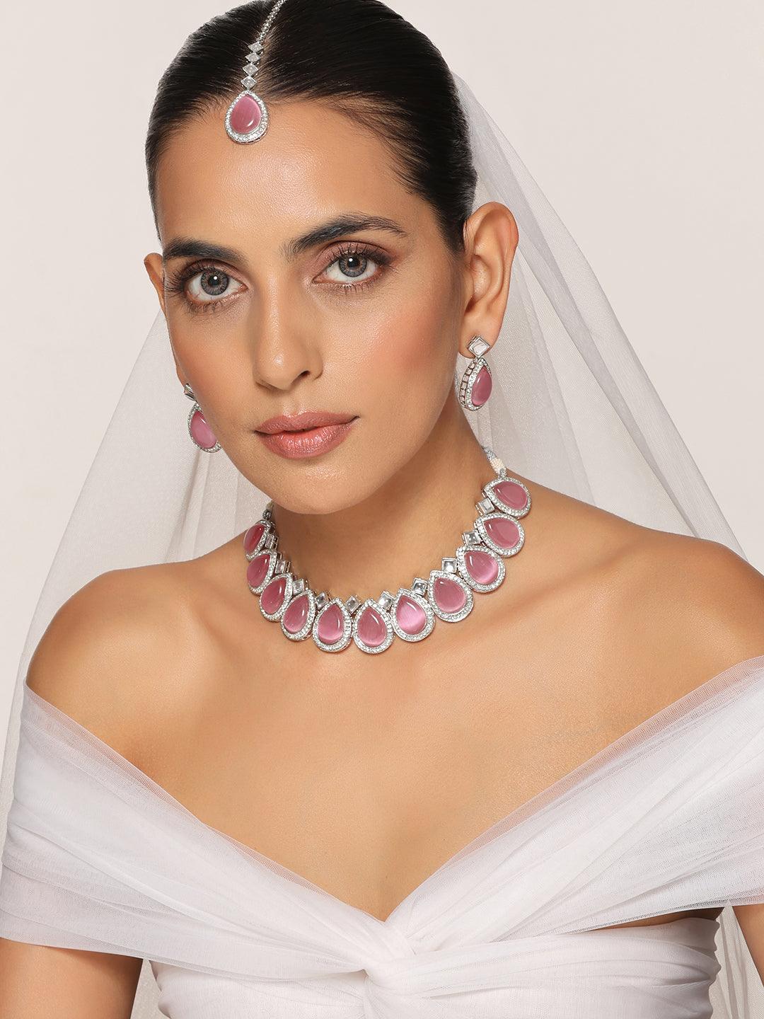 Rose Radiance Zirconia Necklace Set with Maang Tikka - Dyulokha