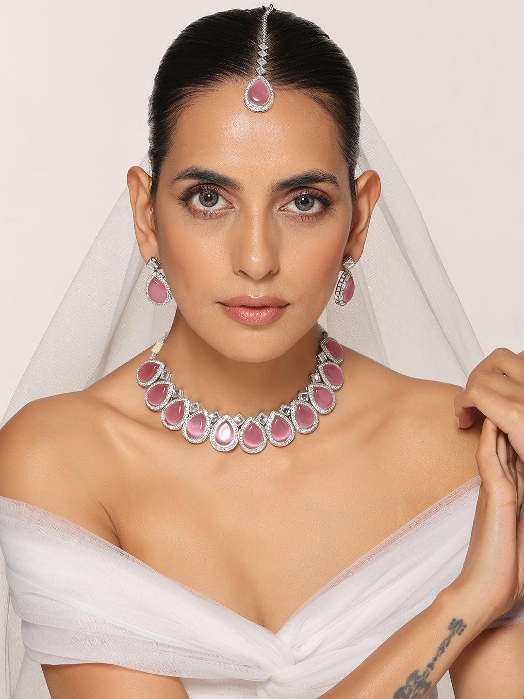 Rose Radiance Zirconia Necklace Set with Maang Tikka - Dyulokha