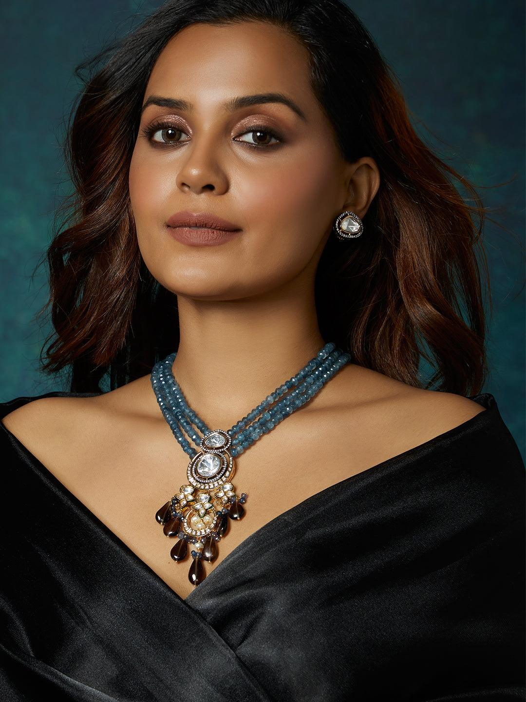 Radiance Blue Sapphire Smokey Gold Necklace Set - Dyulokha
