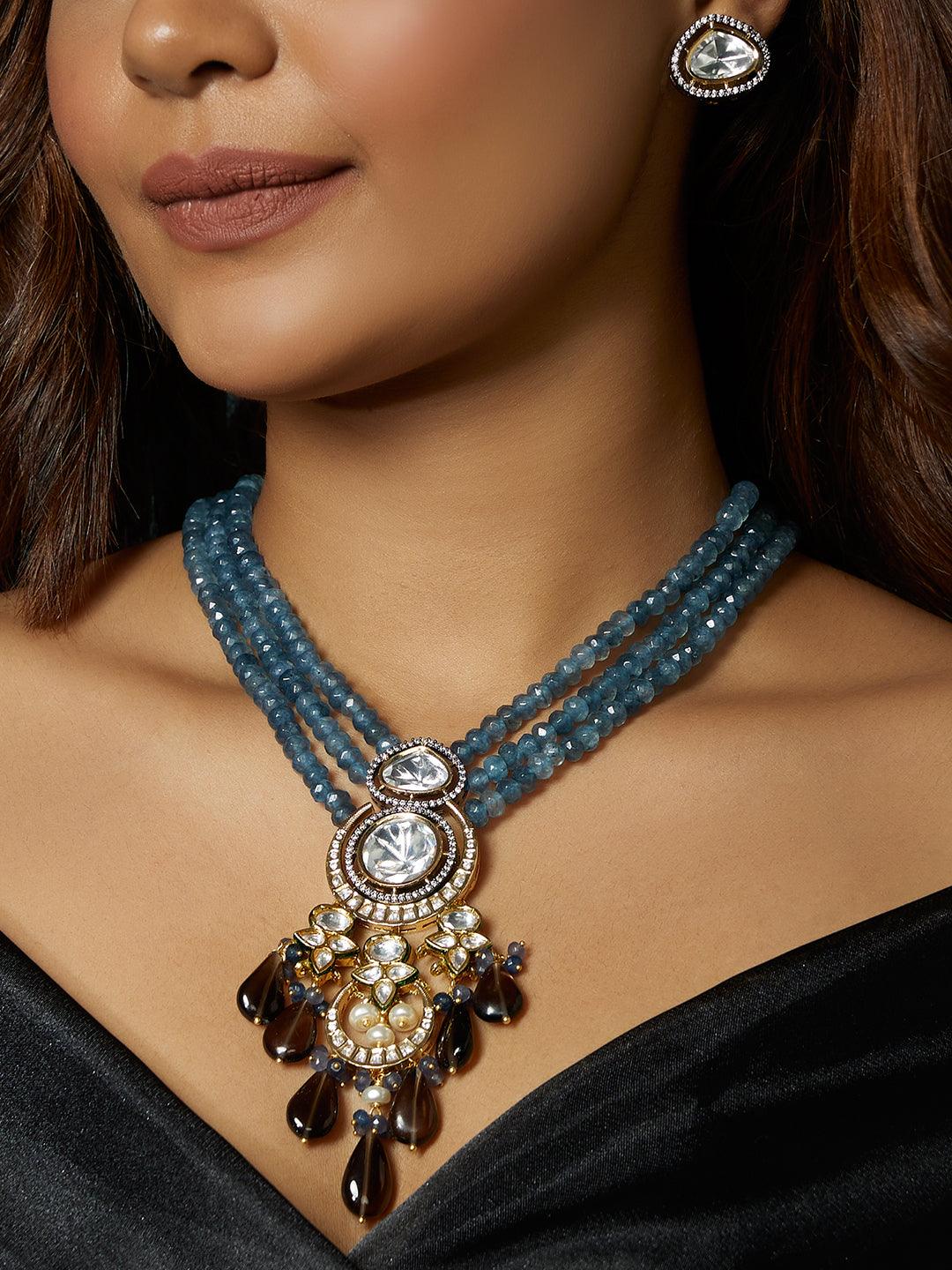 Radiance Blue Sapphire Smokey Gold Necklace Set - Dyulokha